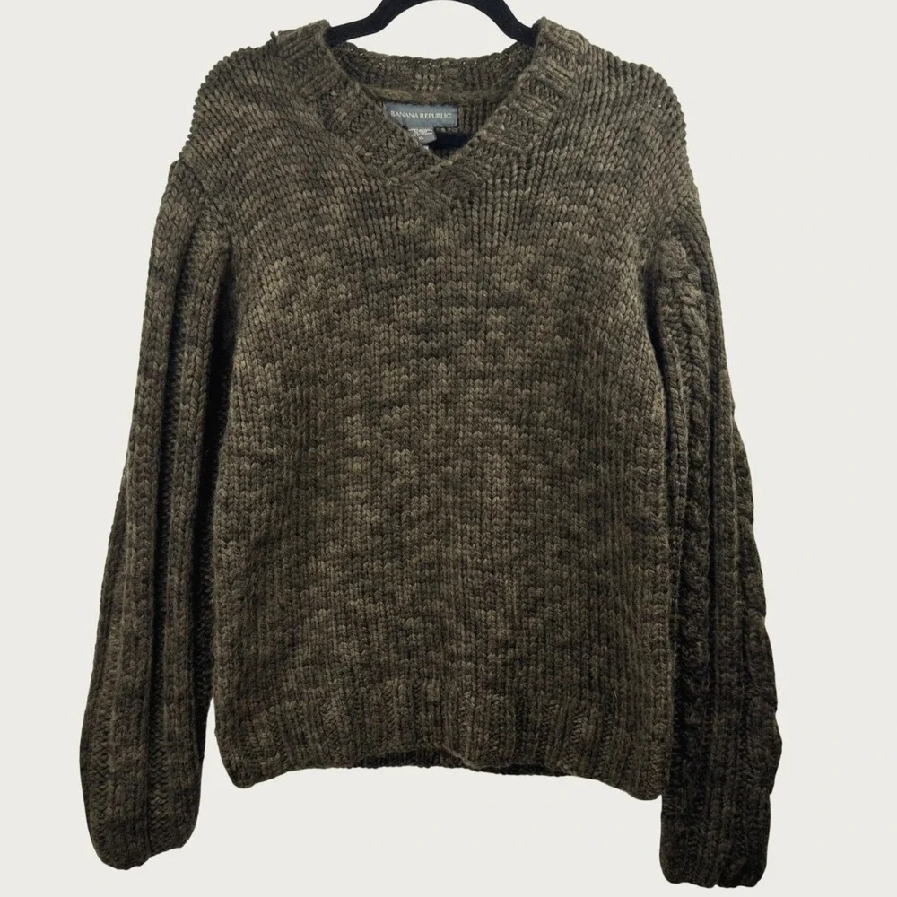 Banana Republic Wool Sweater Men XL Green Chunky V-Neck Cable Knit Gorpcore Warm